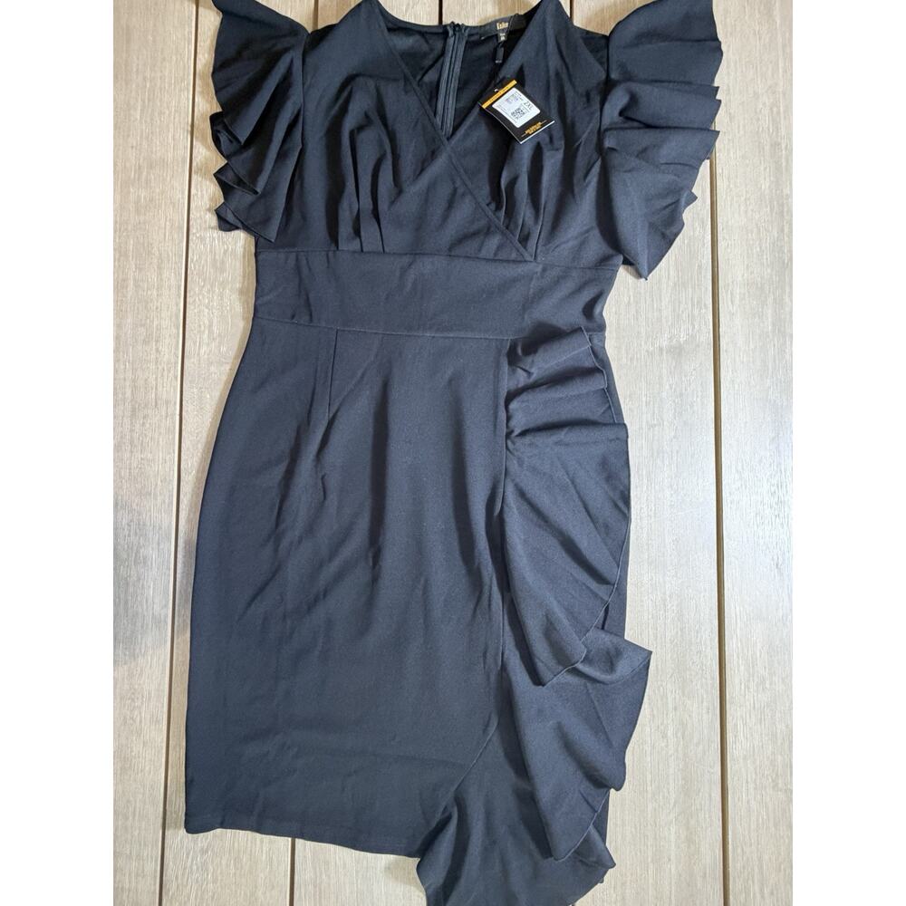 Knitee Women’s 2XL Black Deep V-neck Ruffle Sleeve Cocktail Party Pencil Dress‎ - Picture 7 of 14